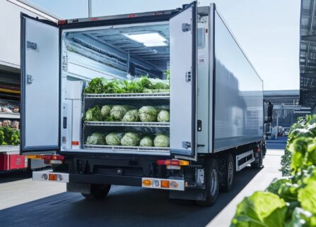 A refrigerated truck transporting perishable goods, showing the cooling system and temperature-controlled environment A refrigerated truck transporting perishable goods, showing the cooling system and temperature-controlled environment