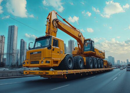 yellow-excavator-being-transported-flatbed-truck-city-setting yellow-excavator-being-transported-flatbed-truck-city-setting