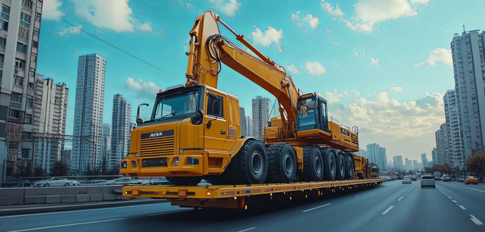 yellow-excavator-being-transported-flatbed-truck-city-setting